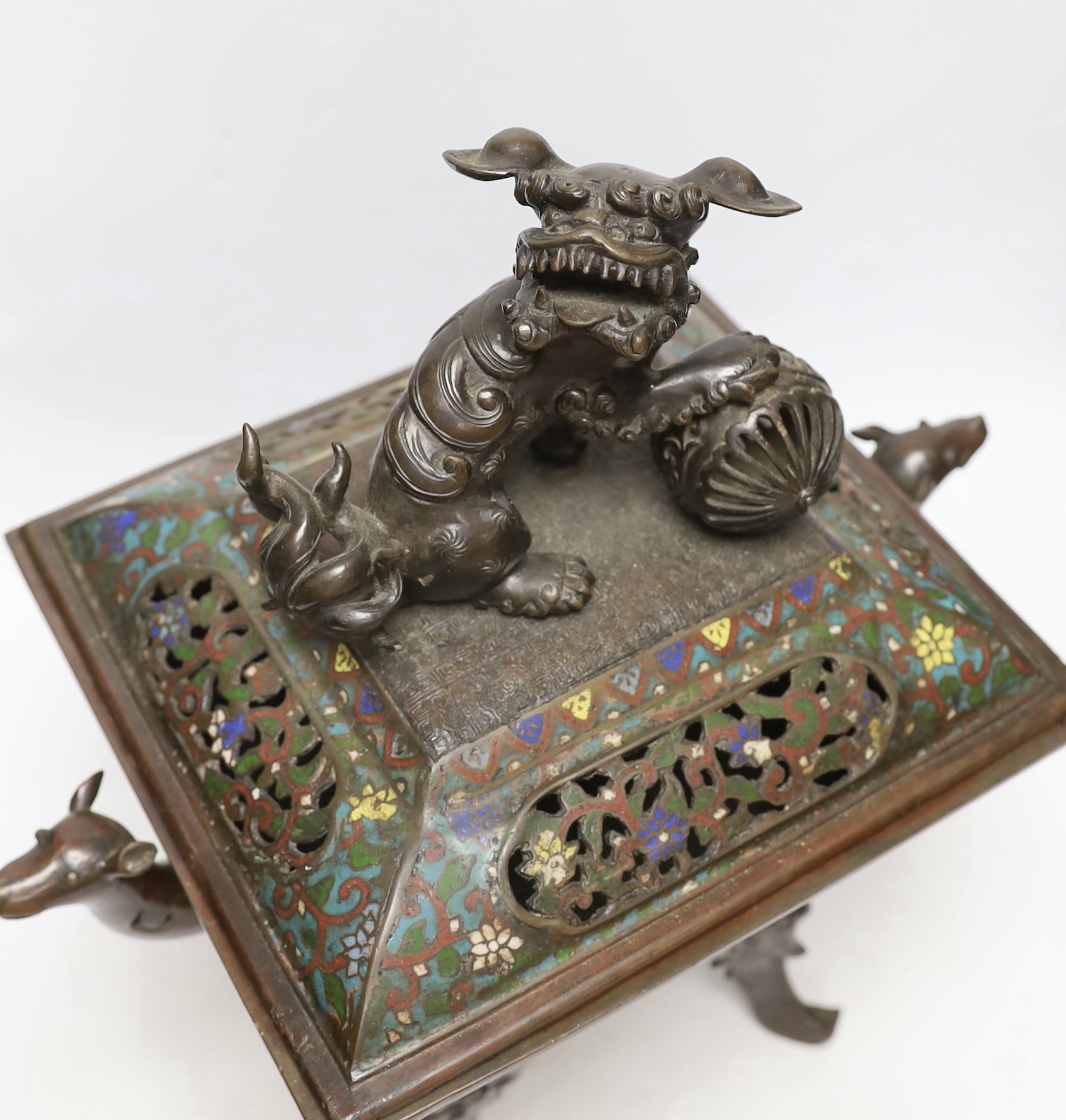 A Japanese bronze and champleve enamel koro and cover, late 19th century, 41cm high